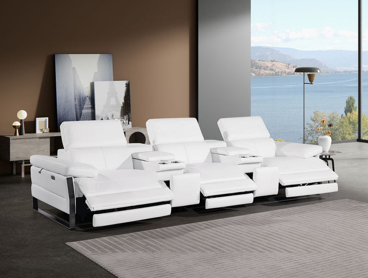 DivanItalia 1246 Modular Power Triple Reclining Dual Console Sofa with Power Reclining Headrests – Top Grain Italian Leather - White