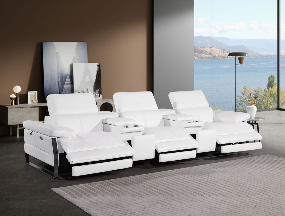 DivanItalia 1246 Modular Power Triple Reclining Dual Console Sofa with Power Reclining Headrests – Top Grain Italian Leather - White