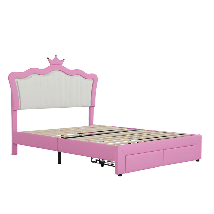 full-size-upholstered-princess-bed-frame-with-led-lights-crown-headboard-and-2-drawers-pink-white