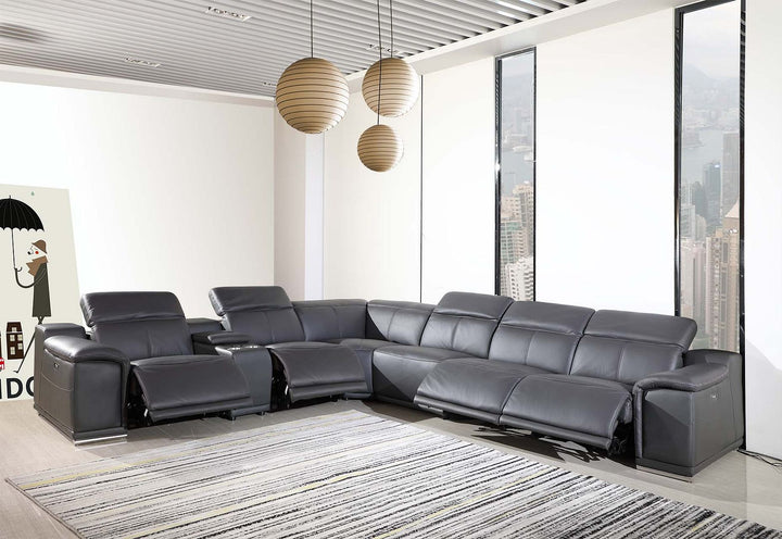 DivanItalia 9762 7-Piece L Shaped Top Grain Italian Leather Sectional Sofa with 4 Power Recliners - Dark Gray