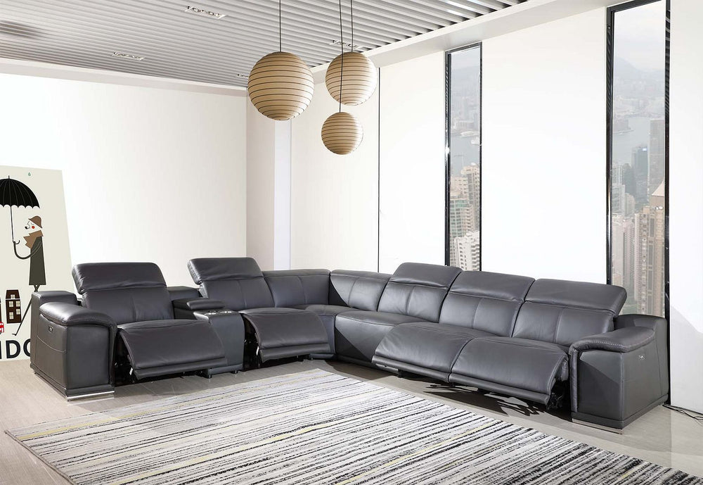 DivanItalia 9762 7-Piece L Shaped Top Grain Italian Leather Sectional Sofa with 4 Power Recliners - Dark Gray