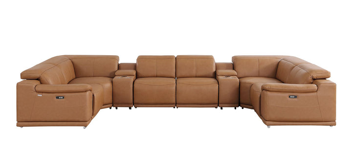 DivanItalia 9762 8-Piece U Shaped Top Grain Italian Leather Sectional Sofa with 2 Power Recliners - Cognac