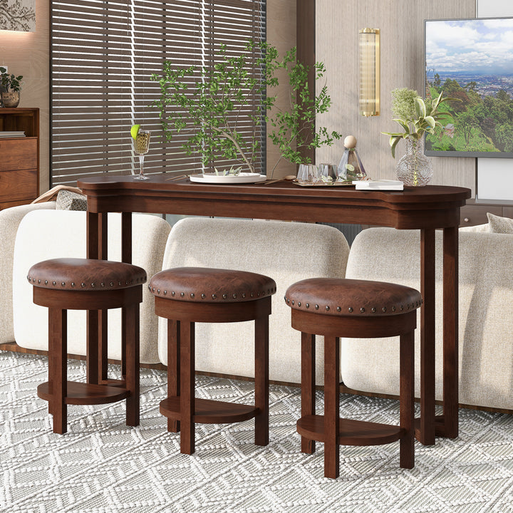 4-Piece Bar Table Set with PU Upholstered Bar Stools in Cherry