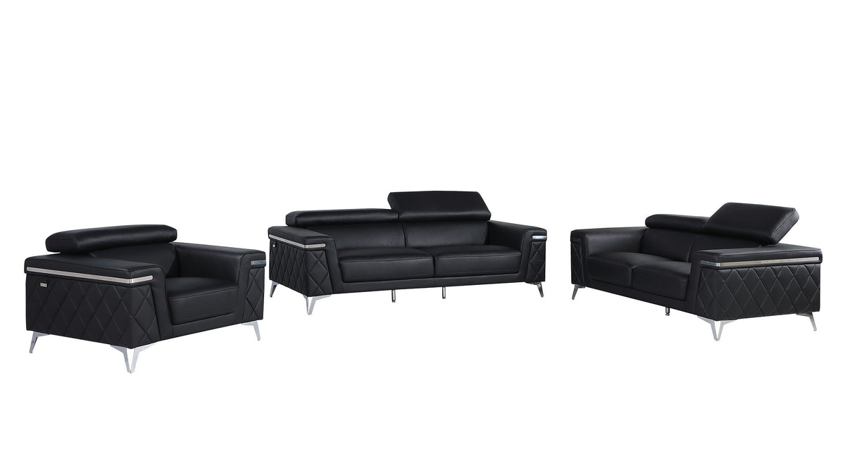 DivanItalia 1140 3-Piece Sofa Set with Adjustable Headrest in Top-Grain Italian Leather - Black