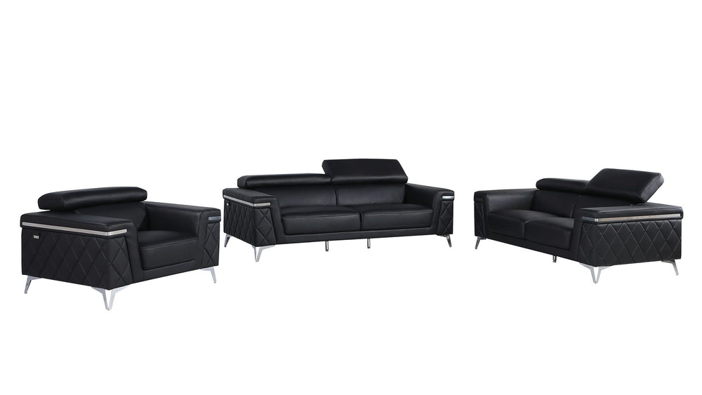 DivanItalia 1140 3-Piece Sofa Set with Adjustable Headrest in Top-Grain Italian Leather - Black