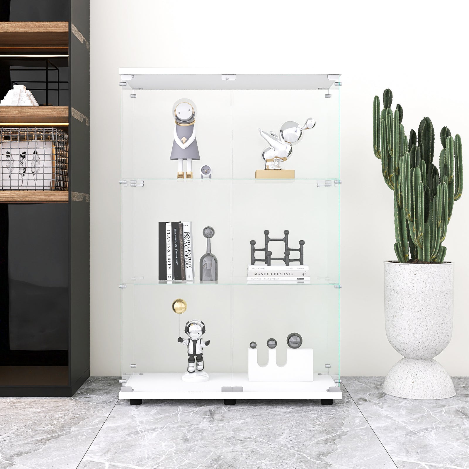 Two-door Glass Display Cabinet 3 Shelves with Door, Floor Standing Curio Bookshelf, White