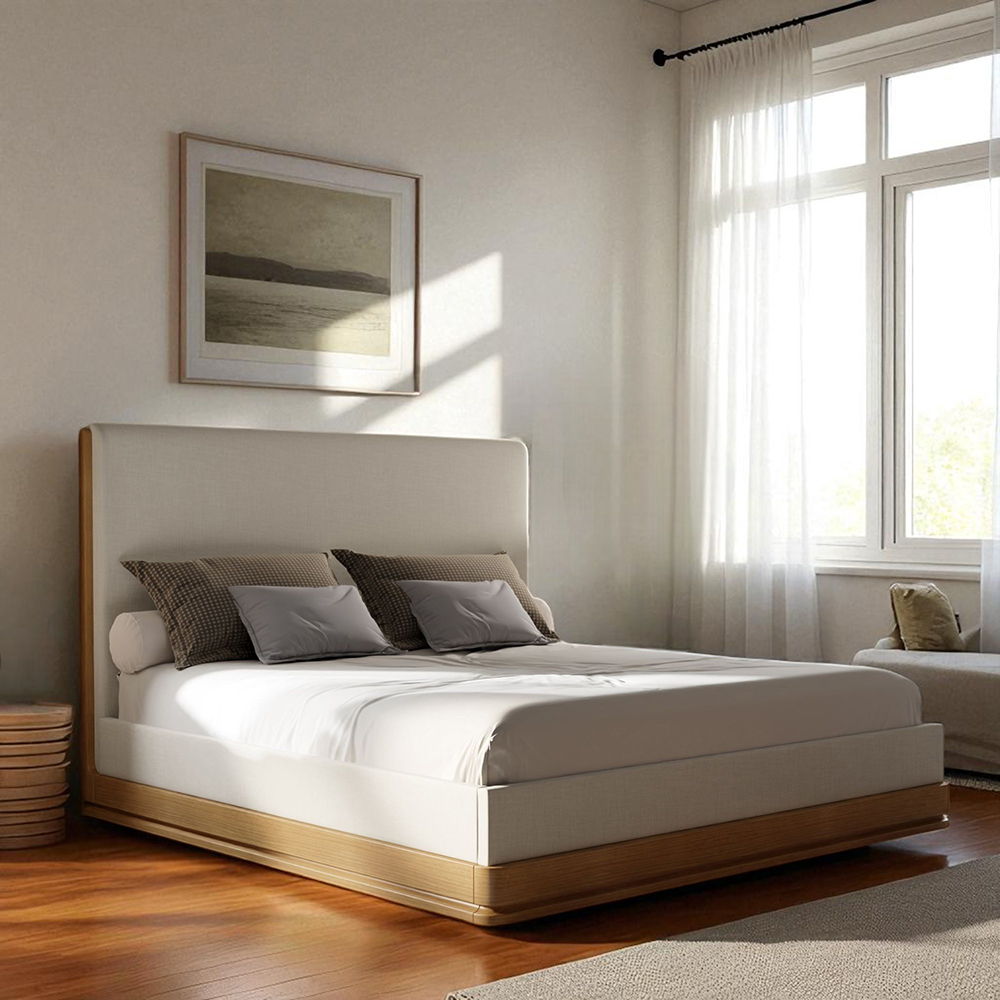 Zoey - Eastern King Bed - Beige Fabric & Oak