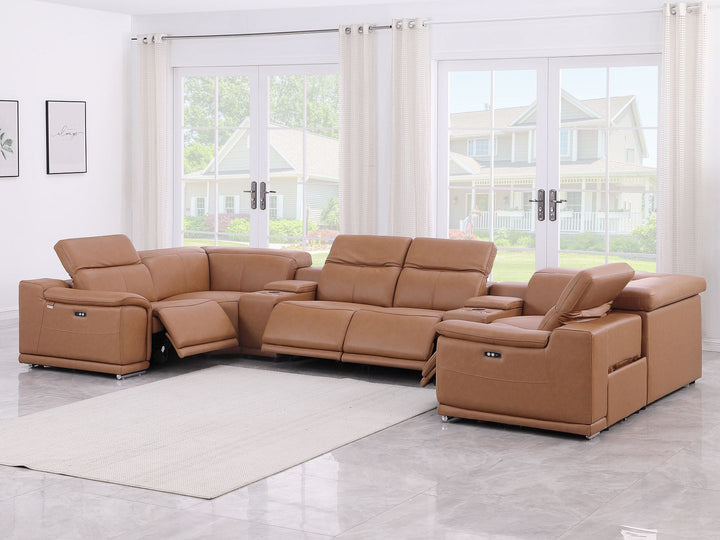 DivanItalia 9762 8-Piece U Shaped Top Grain Italian Leather Sectional Sofa with 4 Power Recliners – with Console - Cognac