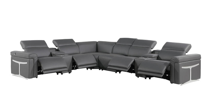 DivanItalia 1126 8-Piece L-Shaped Sectional Sofa in Top Grain Italian Leather with 4 Power Recliners &amp; Power Headrests - Dark Gray