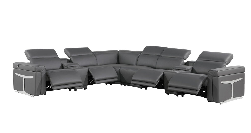 DivanItalia 1126 8-Piece L-Shaped Sectional Sofa in Top Grain Italian Leather with 4 Power Recliners & Power Headrests - Dark Gray