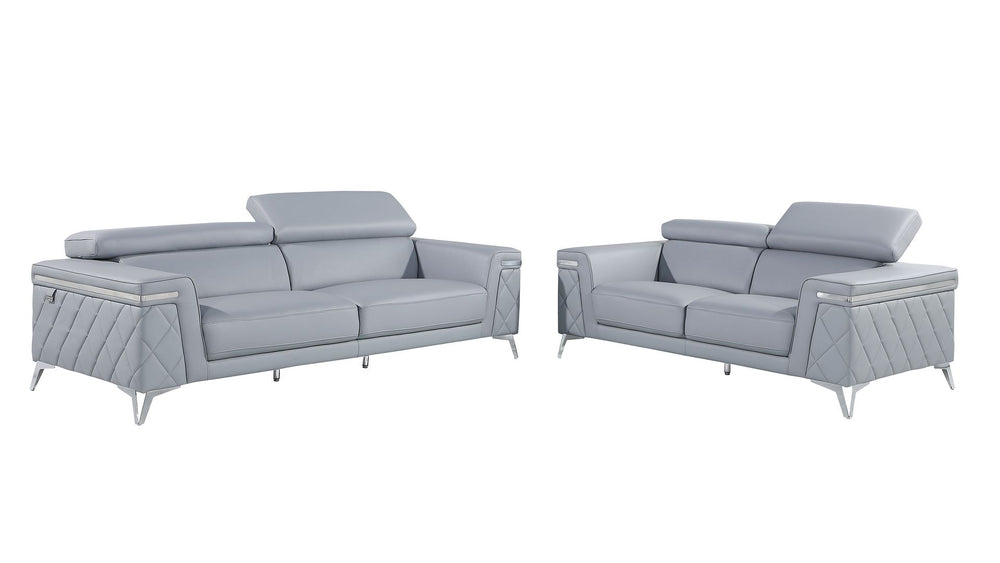 DivanItalia 1140 2-Piece Sofa Set with Adjustable Headrest in Top-Grain Italian Leather - Light Blue