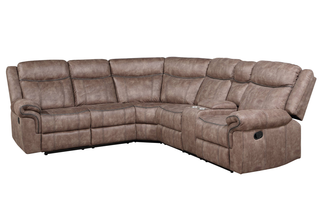 Dollum - Two Tone Nubuck Manual Recliner Sectional Sofa With USB Port Cupholder Console - Chocolate