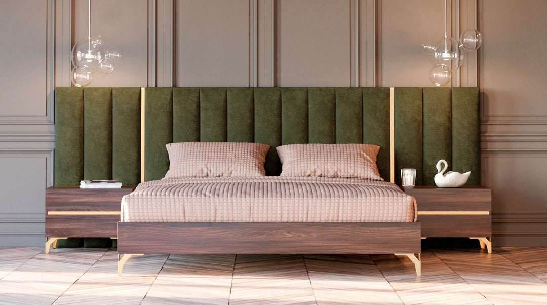 Calabria Modern Walnut & Green Velvet Bed & Nightstands