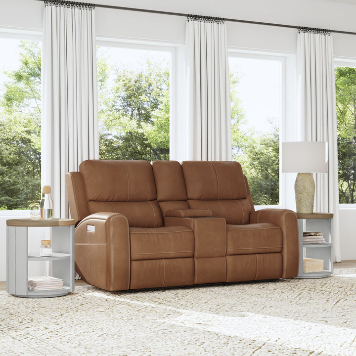 Linden Leather Power Reclining Loveseat with Console &amp; Power Headrests &amp; Lumbar in Caramel