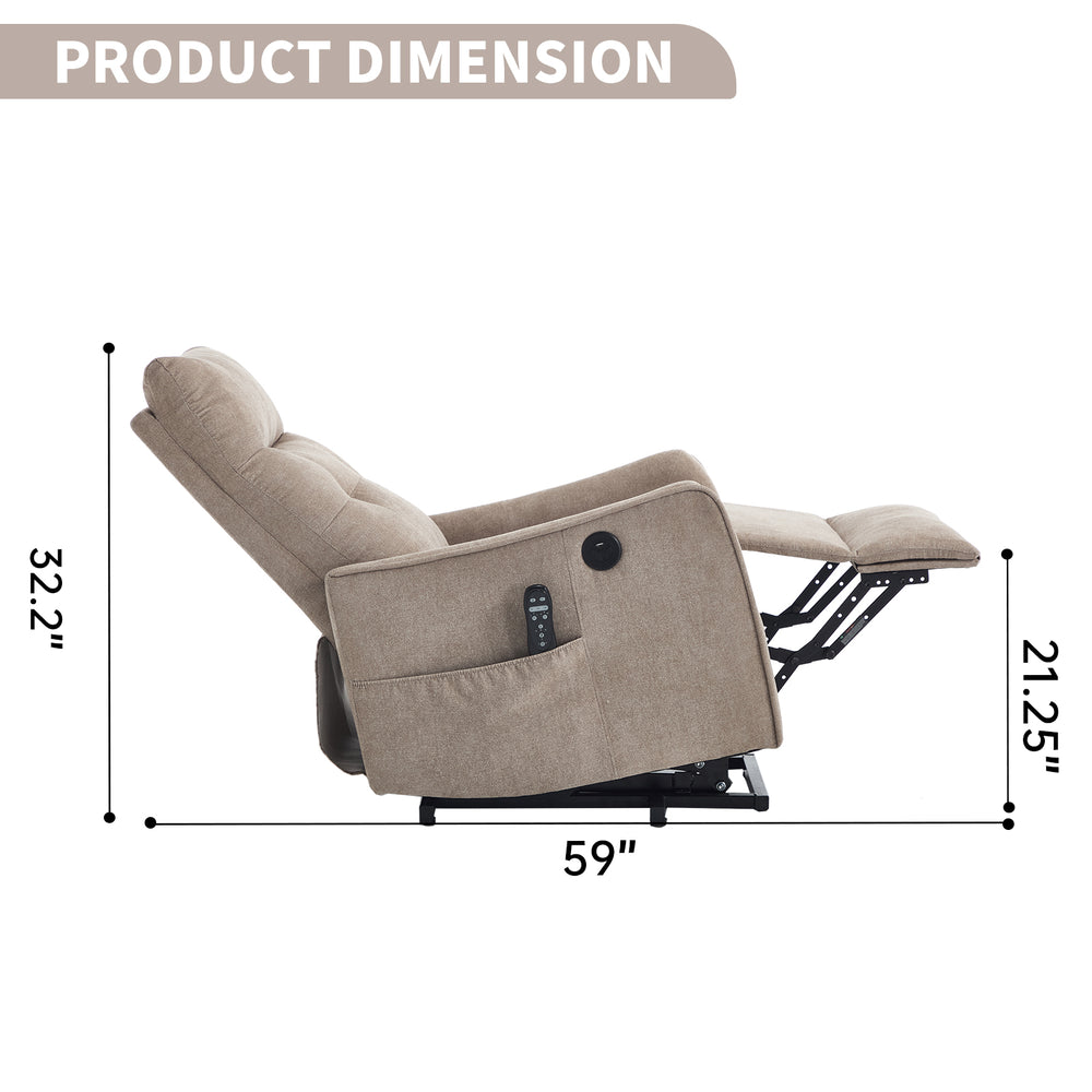 Khaki Power Lift Recliner Chair with Heat, Massage, USB Charging & Swivel for Elderly