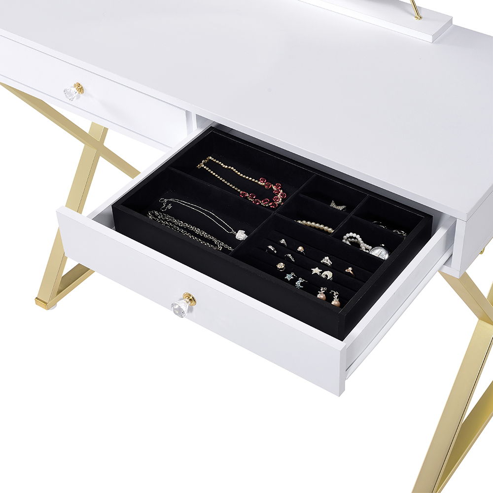 Coleen - Vanity Desk With Mirror & Jewelry Tray - White & Gold