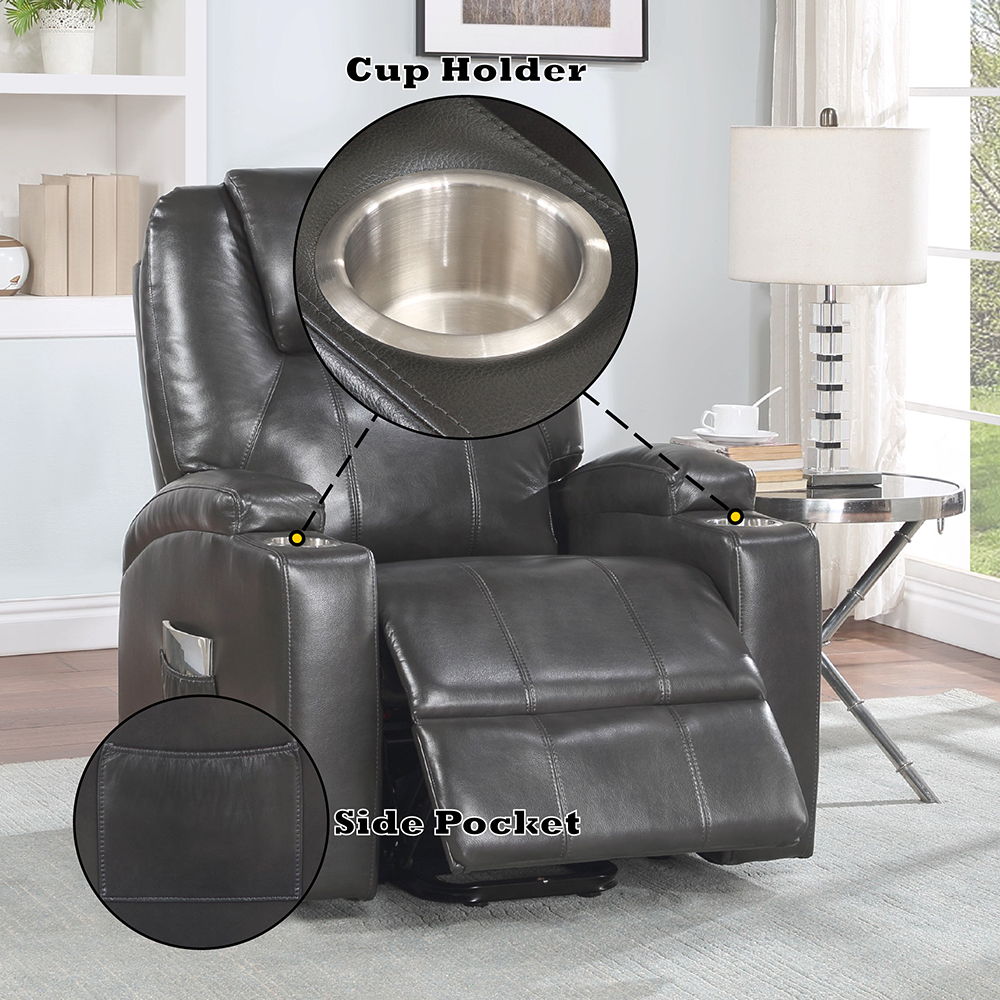 Evander - Recliner With Power Lift & Massage - Gunmetal Leather Aire