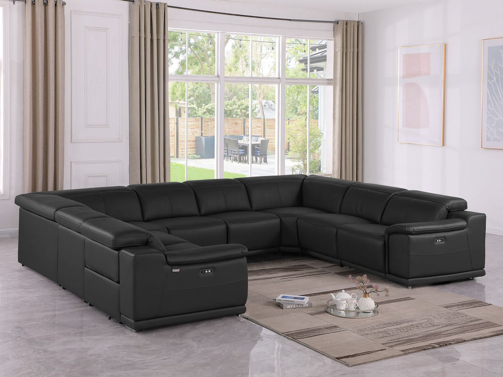 DivanItalia 9762 8-Piece U Shaped Top Grain Italian Leather Sectional Sofa with 4 Power Recliners – No Console - Black