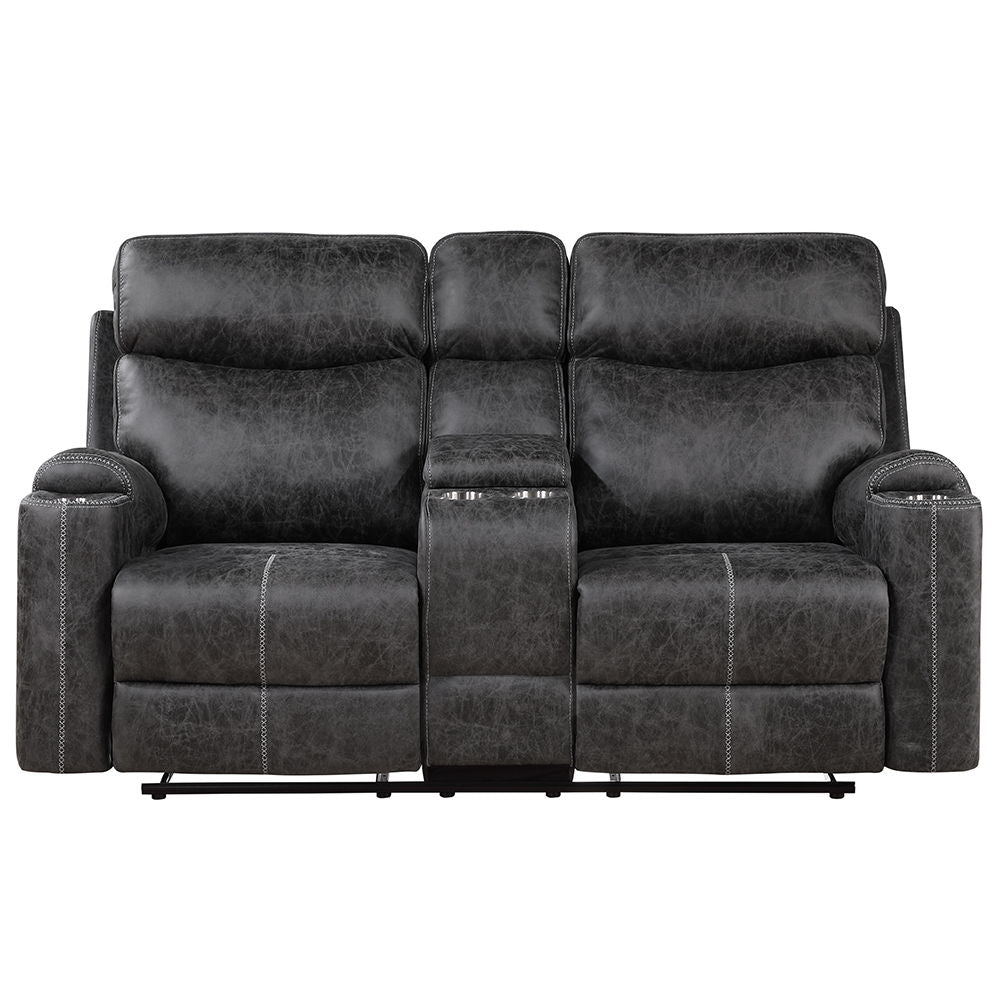 hirah-motion-loveseat-with-console-usb-port-dark-gray-polish-microfiber