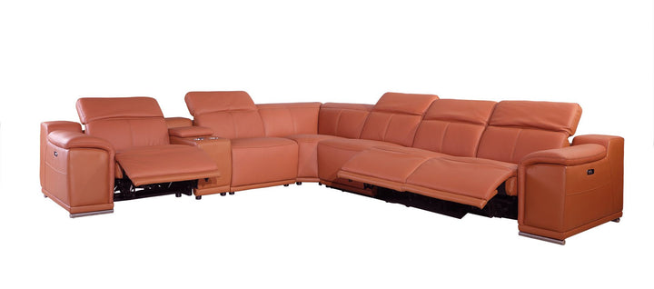DivanItalia 9762 7-Piece L Shaped Top Grain Italian Leather Sectional Sofa with 3 Power Recliners - Camel