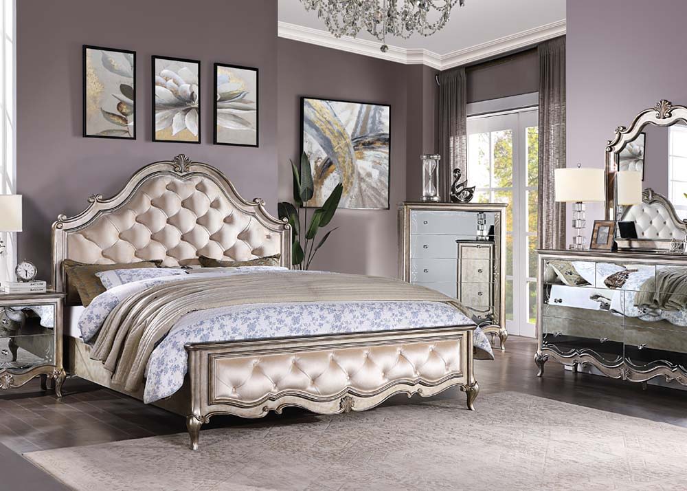 Esteban - Eastern King Bed - Ivory Velvet & Antique Champagne