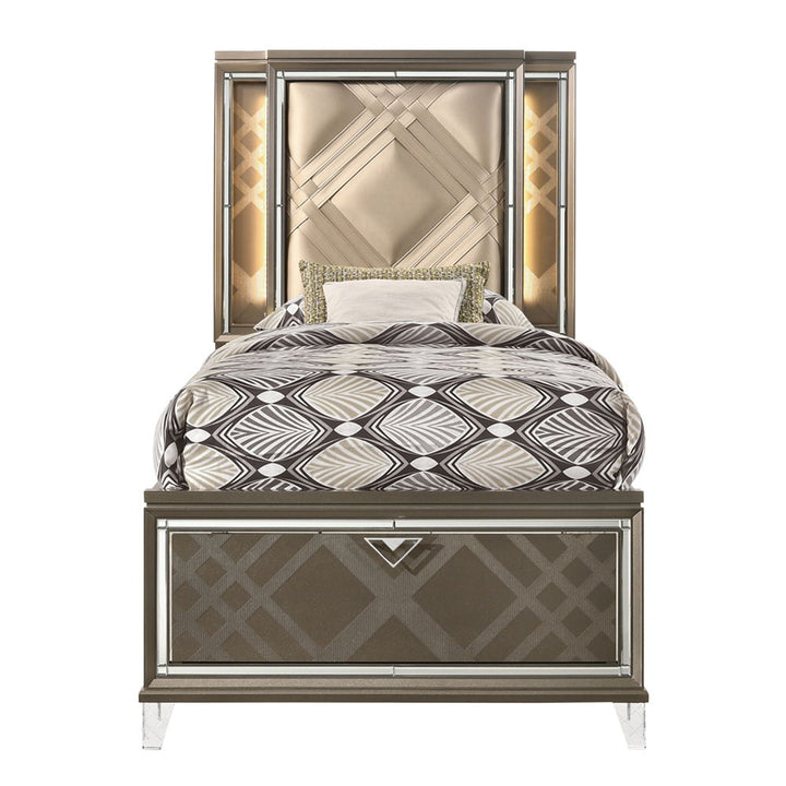 Skylar - Full Bed With LED & Storage - Synthetic Leather & Dark Champagne