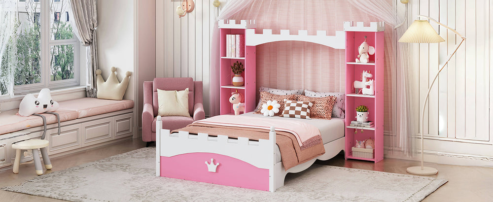 castle-shaped-wooden-twin-bed-with-storage-shelf-pink-white