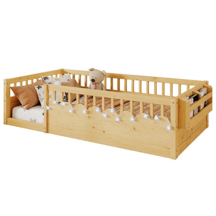 twin-montessori-floor-bed-frame-with-high-rails-and-storage-shelf-natural