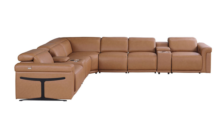 DivanItalia 1126 8-Piece L-Shaped Sectional Sofa in Top Grain Italian Leather with 4 Power Recliners &amp; Power Headrests - Cognac