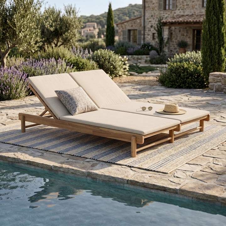 Acacia Double Chaise Lounger – Light Teak &amp; Cream