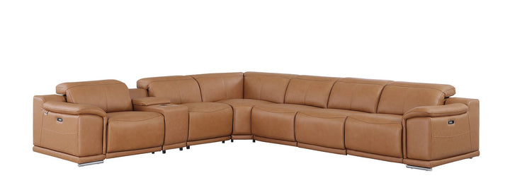 DivanItalia 9762 7-Piece L Shaped Top Grain Italian Leather Sectional Sofa with 4 Power Recliners - Cognac