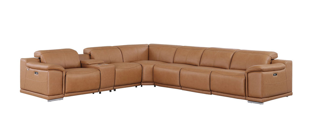 DivanItalia 9762 7-Piece L Shaped Top Grain Italian Leather Sectional Sofa with 4 Power Recliners - Cognac
