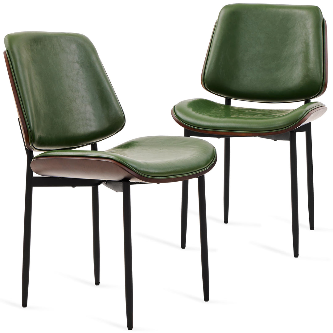 Mid-Century Dining Chairs Set of 2 – PU Leather Upholstered, Retro Walnut Bentwood Design with Adjustable Metal Legs, Green