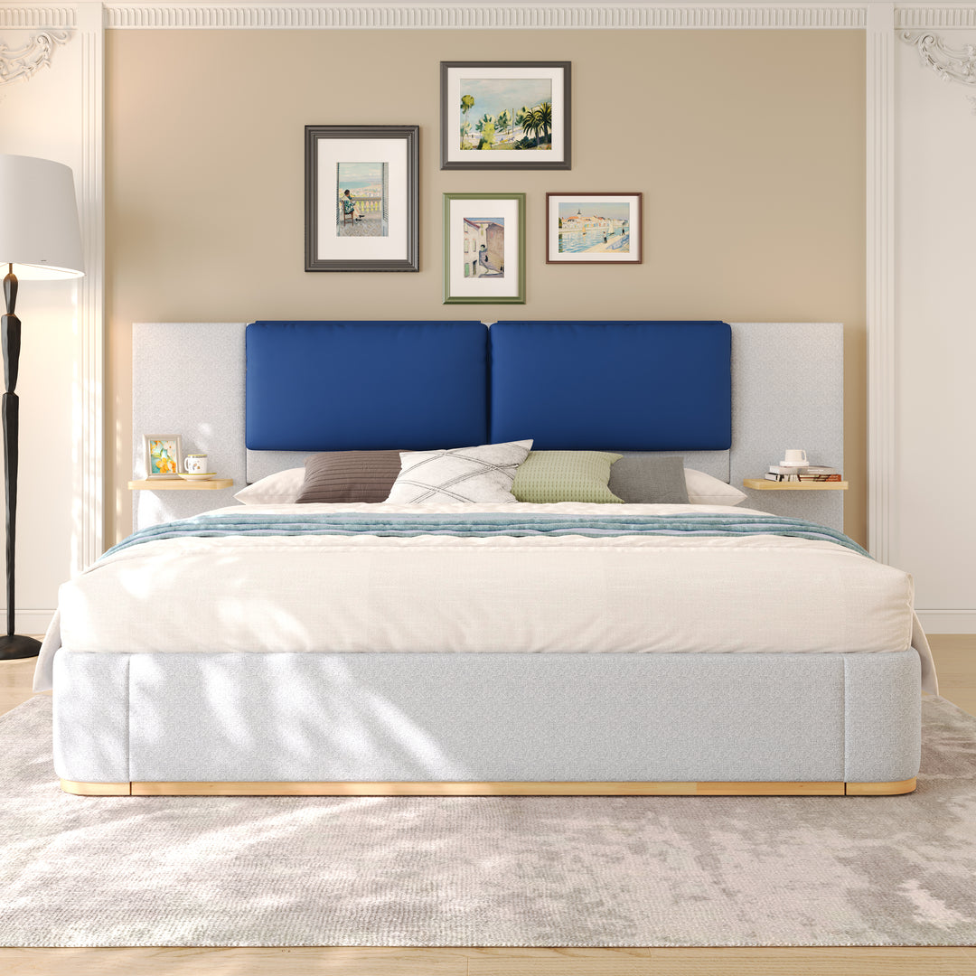 Upholstered King Bed with Side Shelves – Grey