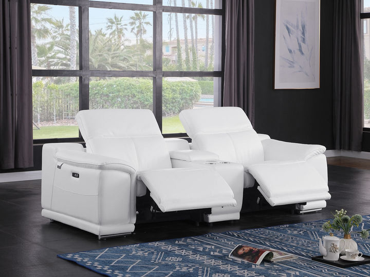 DivanItalia 9762 3-Piece Modular Power Reclining Console Loveseat with 2 Power Recliners in Top Grain Italian Leather - White