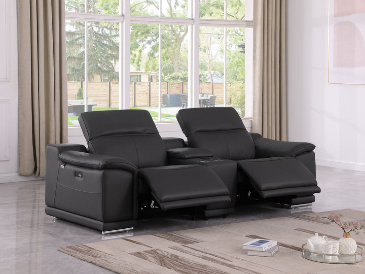 DivanItalia 9762 3-Piece Modular Power Reclining Console Loveseat with 2 Power Recliners in Top Grain Italian Leather - Black