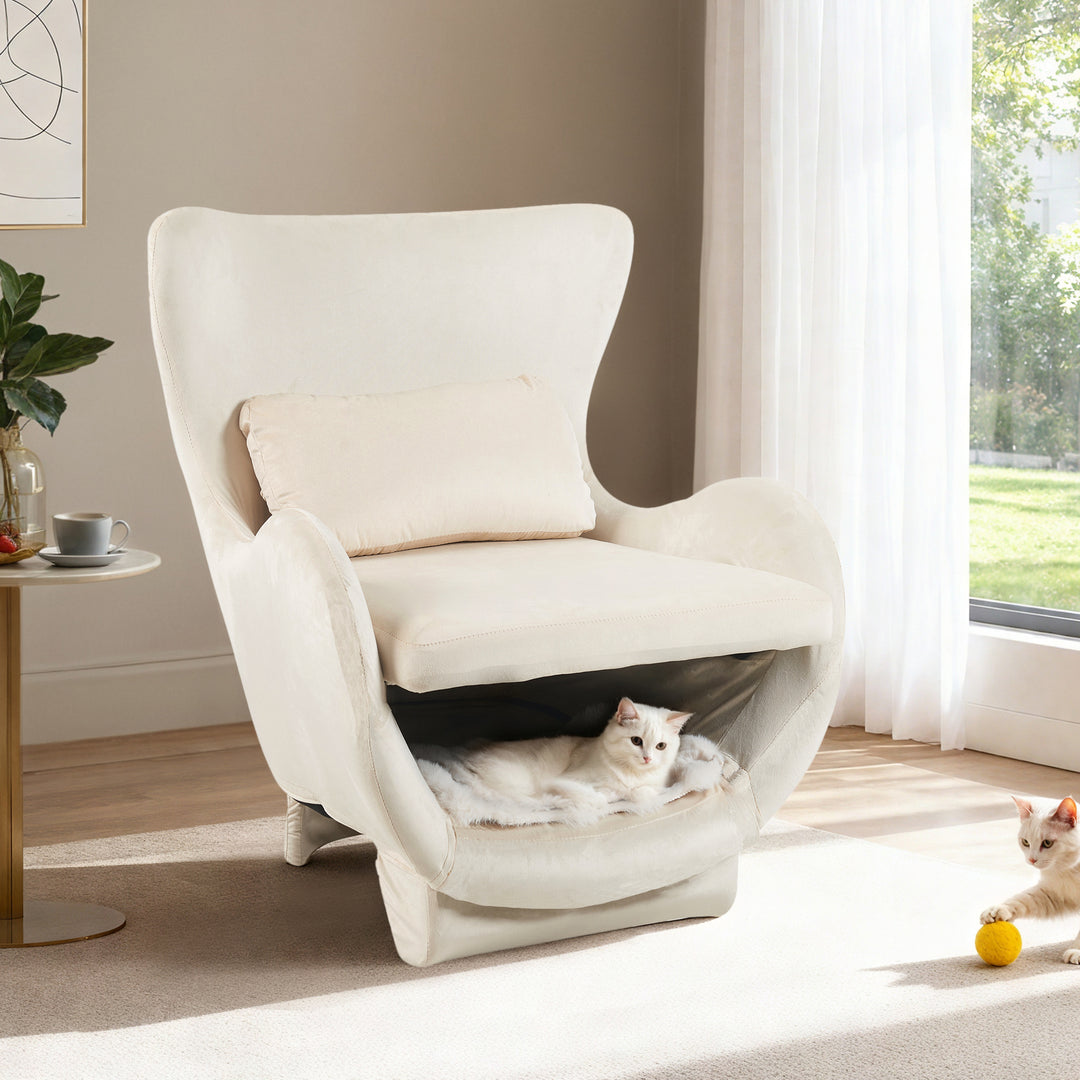 2 in 1 Pet Friendly Modern Upholstered Velvet Accent-Lounge Chair, White