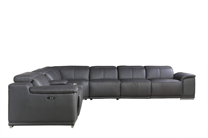 DivanItalia 9762 7-Piece L Shaped Top Grain Italian Leather Sectional Sofa with 3 Power Recliners - Dark Gray