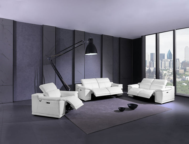 DivanItalia 9762 Top Grain Italian Leather Power Reclining Sofa, Loveseat and Chair Set with Adjustable Headrests - White
