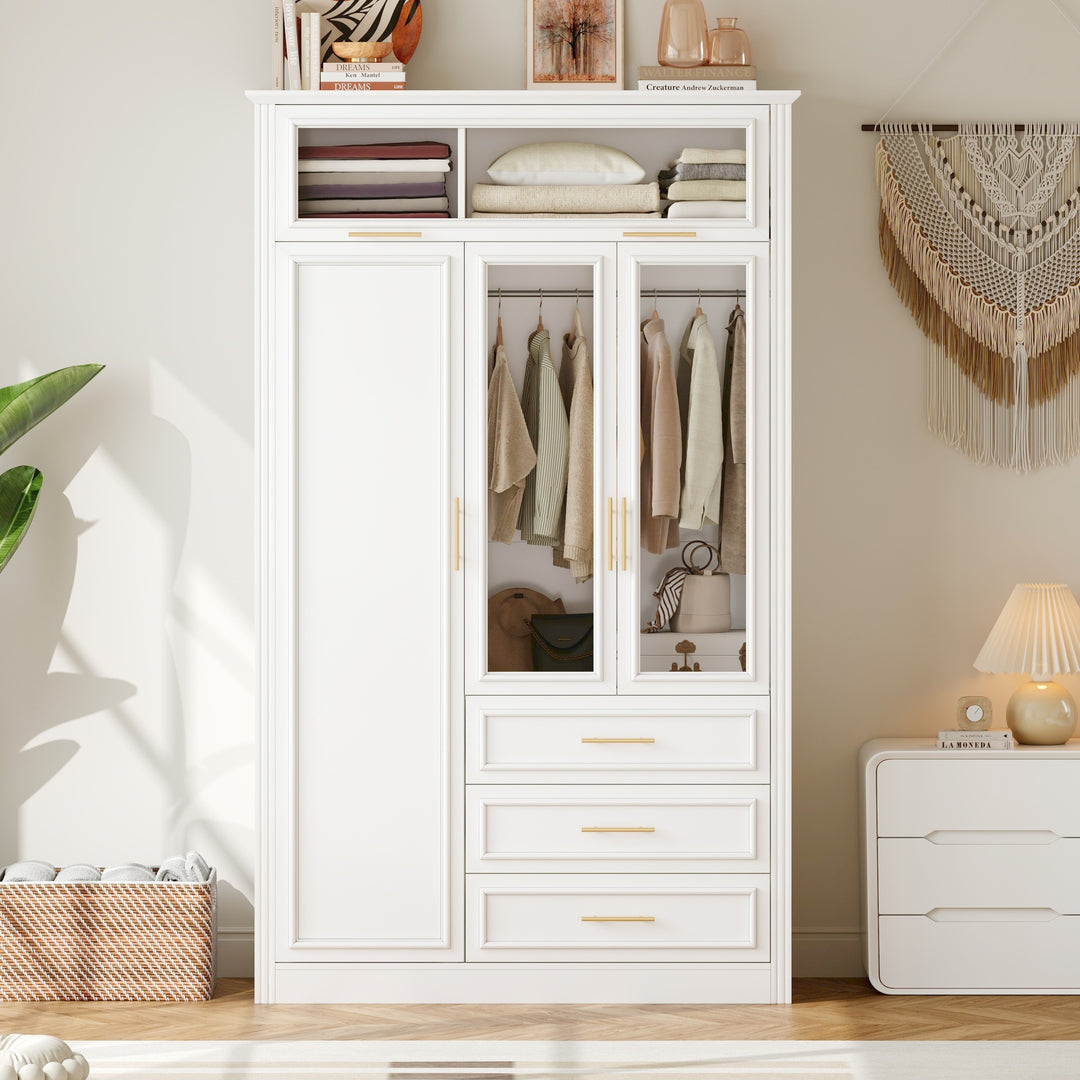 Wardrobe with glass doors, drawers, and hanging storage