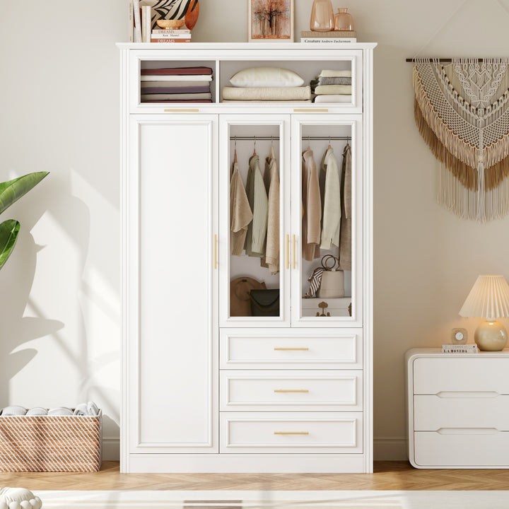 Wardrobe with glass doors, drawers, and hanging storage