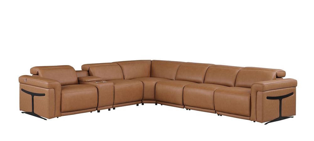 DivanItalia 1126 7-Piece L-Shaped Sectional Sofa in Top Grain Italian Leather with 4 Power Recliners & Power Headrests - Cognac