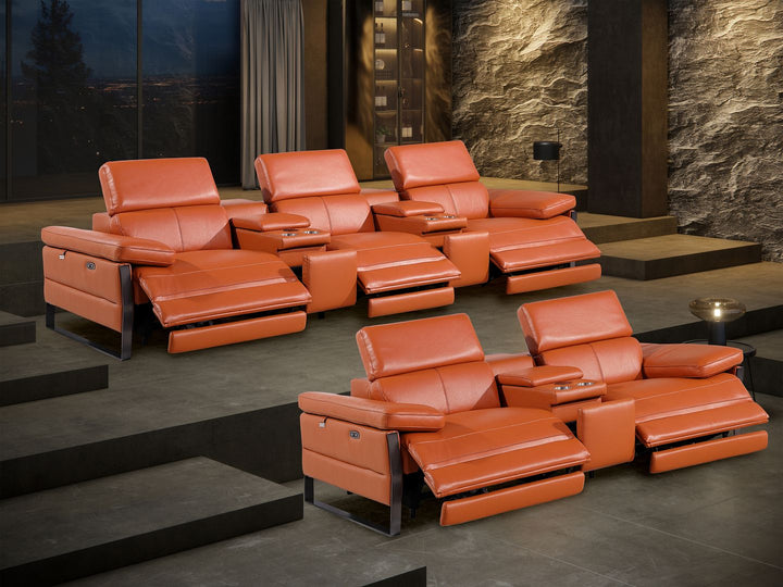 DivanItalia 1246 Modular Power Reclining Dual Console Sofa and Console Loveseat Set with Power Headrests – Top Grain Italian Leather - Camel