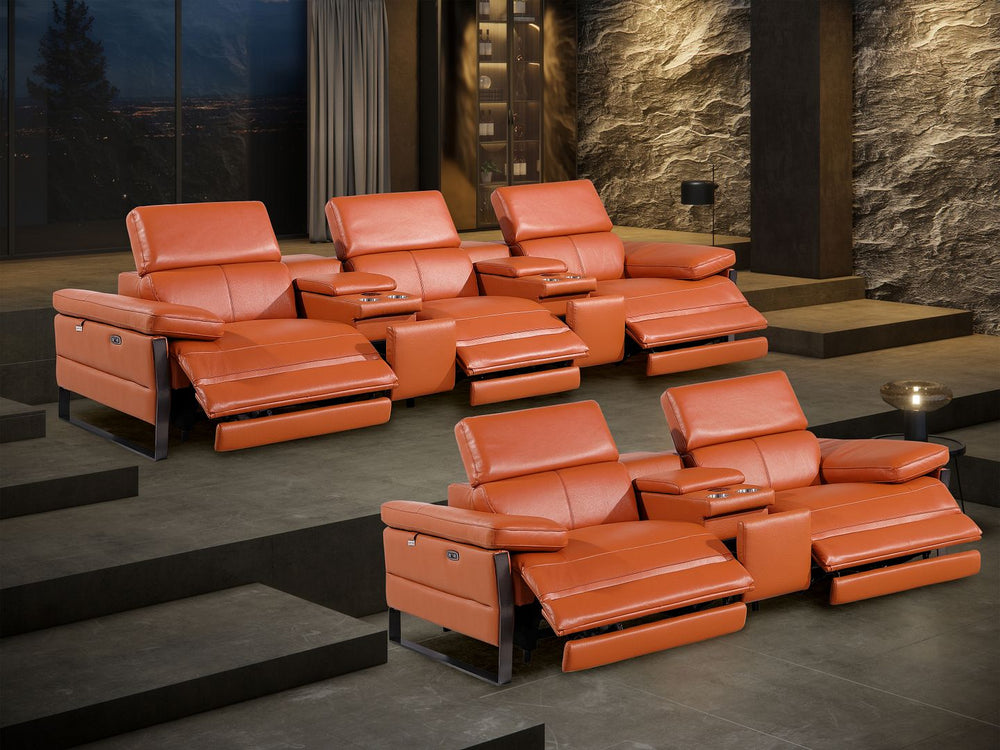 DivanItalia 1246 Modular Power Reclining Dual Console Sofa and Console Loveseat Set with Power Headrests – Top Grain Italian Leather - Camel