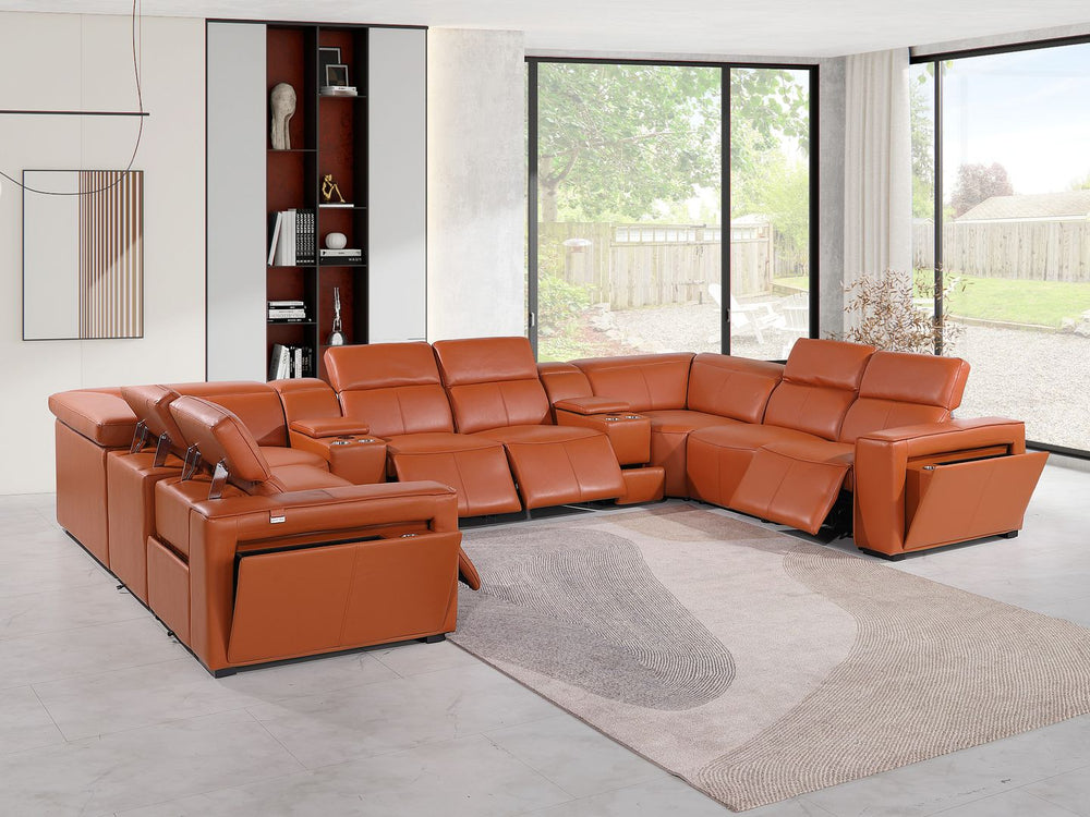 DivanItalia 1224 10-Piece U-Shaped Sectional Sofa in Top Grain Italian Leather with 4 Power Recliners & Power Headrests - Camel
