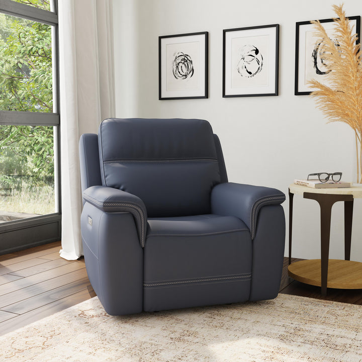 Sawyer Leather Power Recliner with Power Headrest &amp; Lumbar in Marine