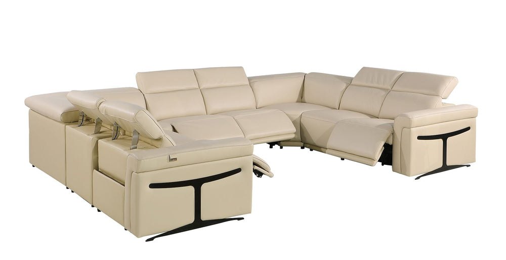 DivanItalia 1126 8-Piece U-Shaped Sectional Sofa in Top Grain Italian Leather with 4 Power Recliners & Power Headrests – No Console - Beige