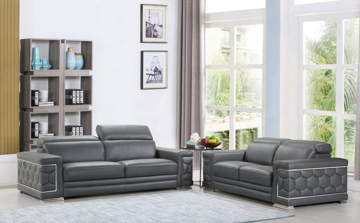 DivanItalia 692 2-Piece Sofa Set with Adjustable Headrest in Top-Grain Italian Leather - Dark Gray