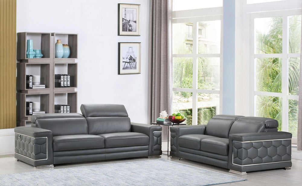 DivanItalia 692 2-Piece Sofa Set with Adjustable Headrest in Top-Grain Italian Leather - Dark Gray