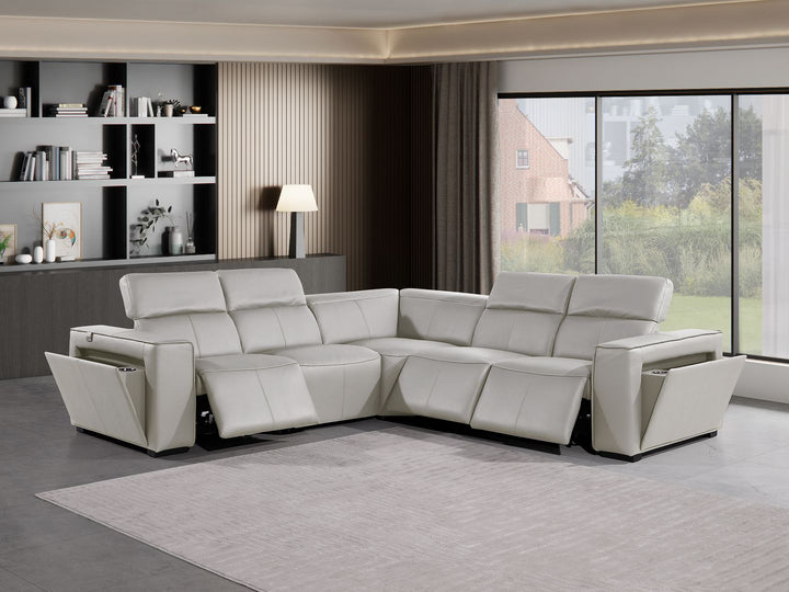 DivanItalia 1224 5-Piece L-Shaped Sectional Sofa in Top Grain Italian Leather with 3 Power Recliners &amp; Power Headrests - Light Gray